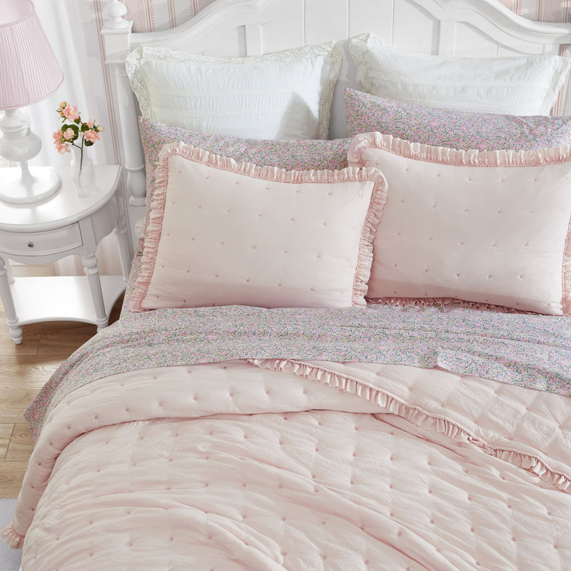 Laura Ashley Solid Hailee Stitch Pink Ruffle Quilt Set & Reviews